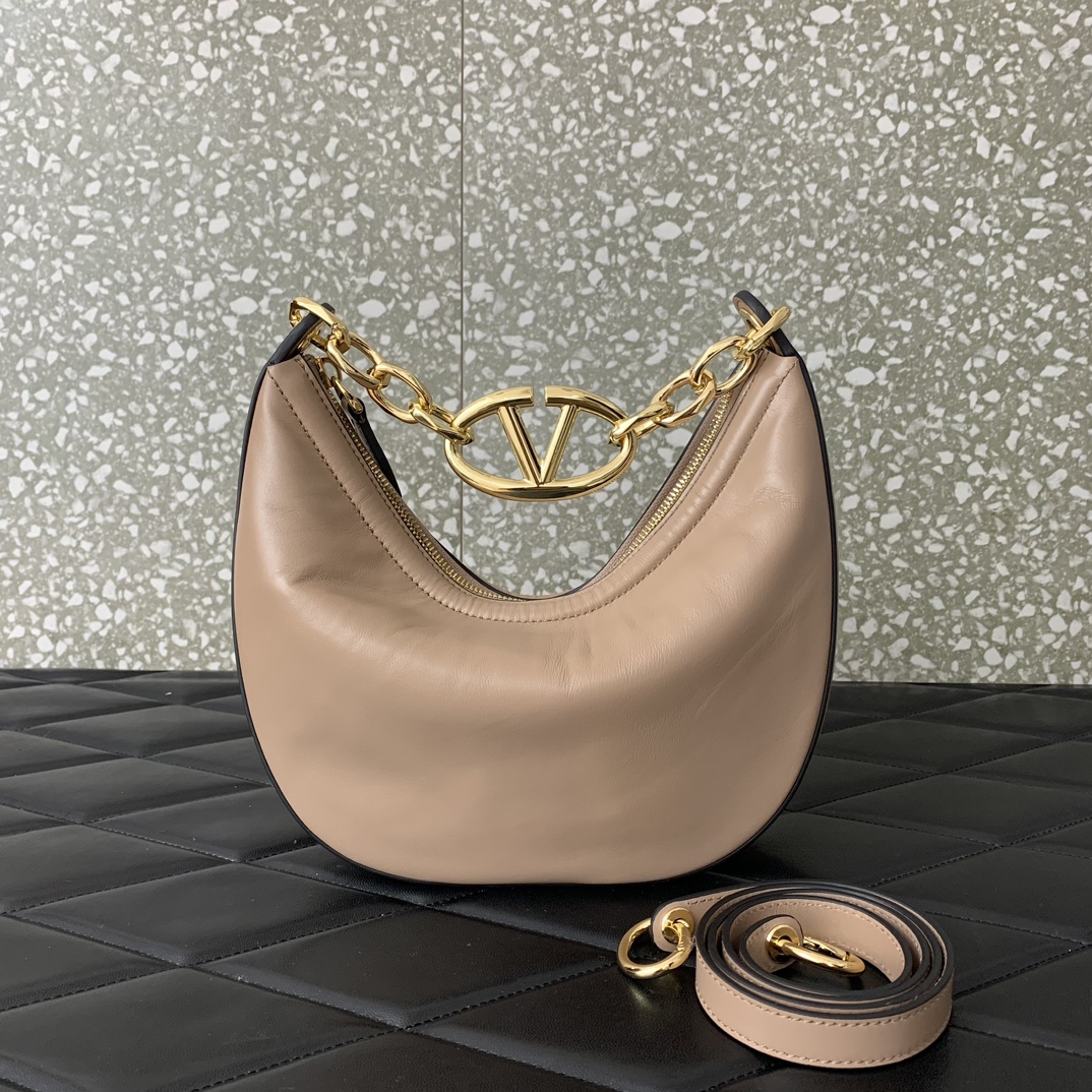 Valentino Garavani VLogo Moon Mini Hobo Bag in Apricot Nappa Leather